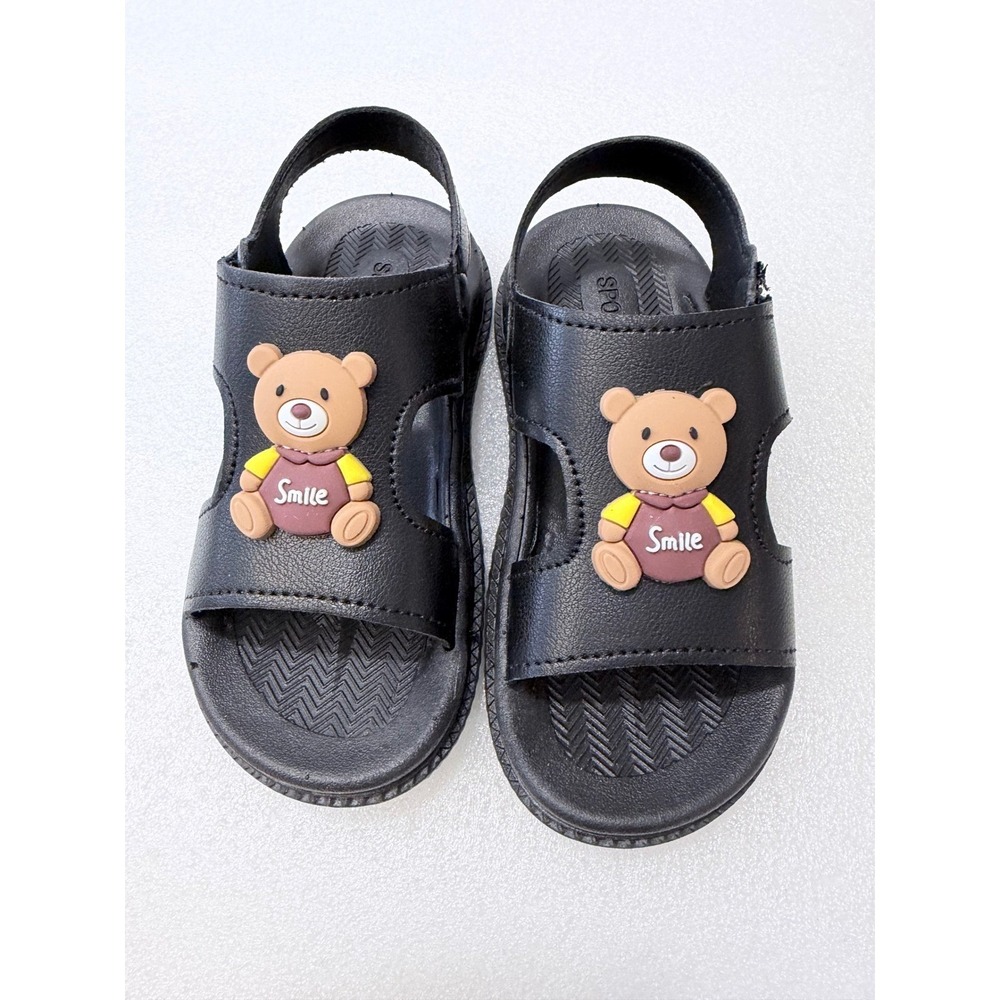 NIB Kids Black Teddy Bear Smile Sandals Hook Loop Closure Sz 7 Toddler - Picture 7 of 10